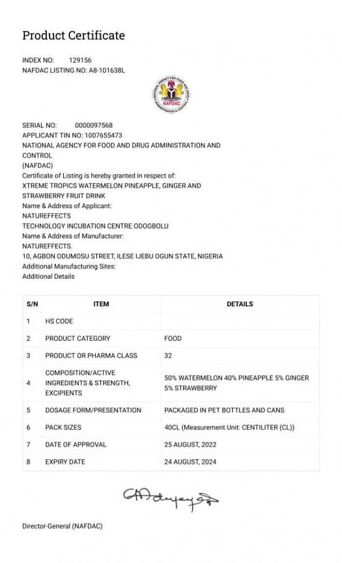 NAFDAC CERTIFICATE FOR XTREME TROPICS FRUIT DRINK