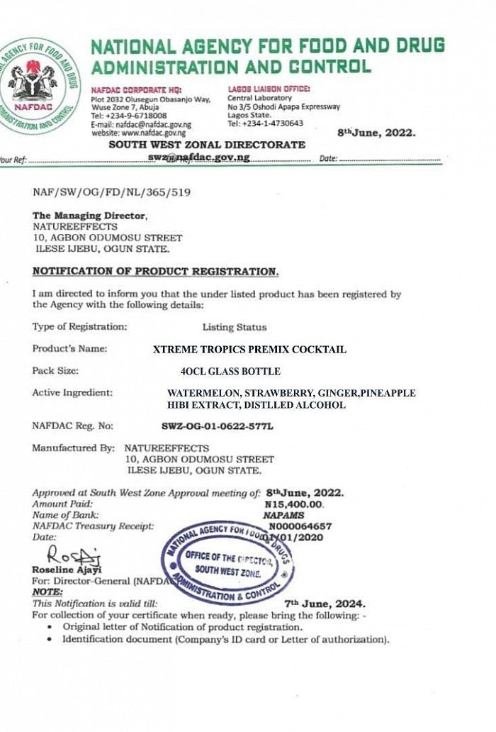 NAFDAC CERTIFICATE FOR XTREME TROPICS PREMIX COCKTAIL