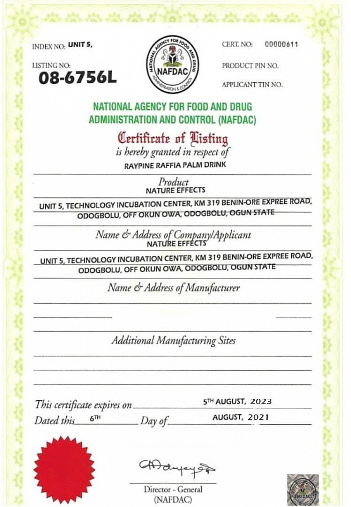 NAFDAC CERTIFICATE FOR RAYPINE RAFFIA PALM DRINK
