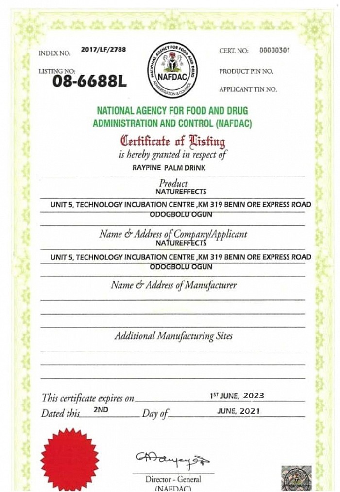 NAFDAC CERTIFICATE FOR RAYPINE PALM DRINK