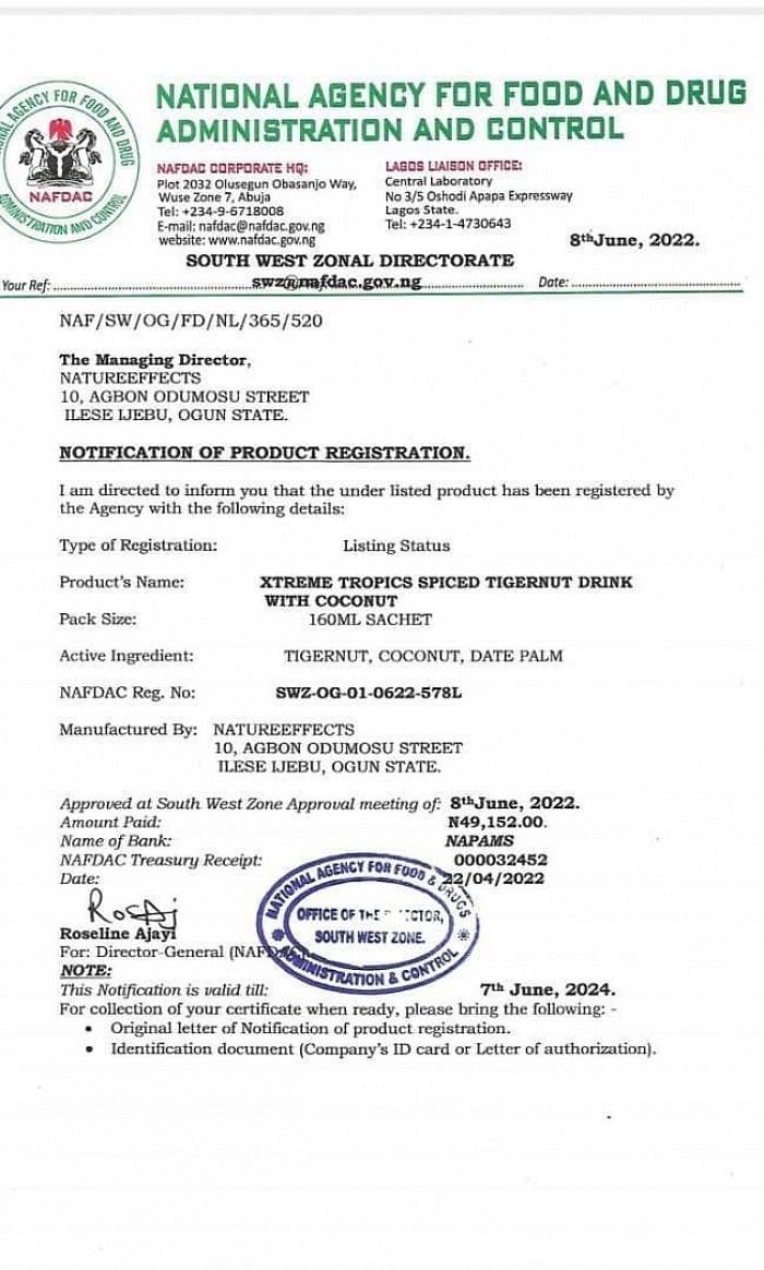 NAFDAC CERTIFICATE FOR XTREME TROPICS TIGERNUT SPICED  DRINK